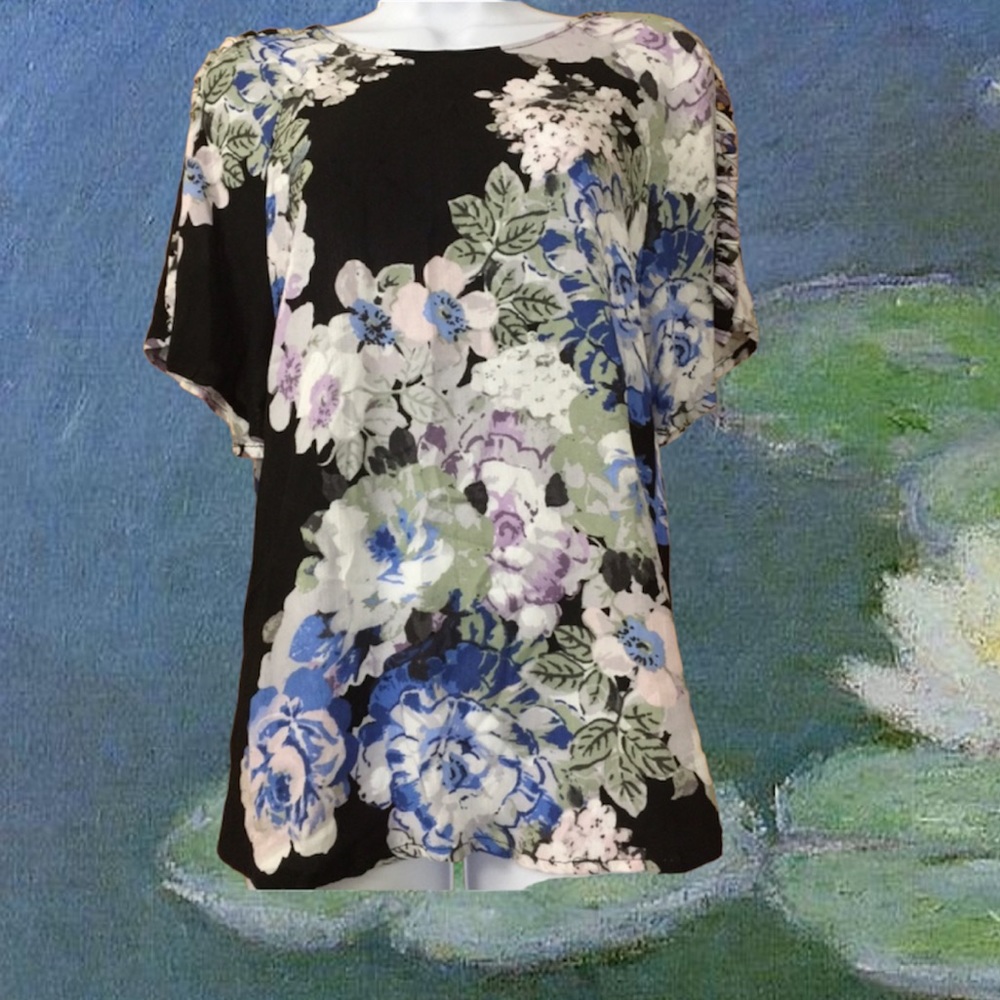 New Deep Blue Floral Top with cutout sleeve detail